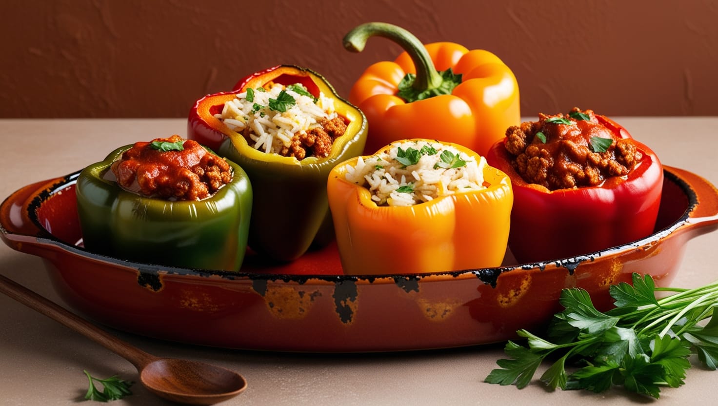 A plate of Arabic Stuffed Bell Peppers (Mahshi) featuring bell peppers filled with a savory mixture of rice and ground meat, garnished with fresh herbs and served in a tomato sauce.