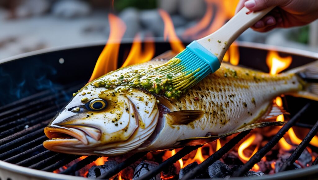 Arabic Spiced Fish (Samak Maswi) grilling over an open flame.