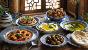 Traditional Arabic breakfast spread with shakshuka, ful medames, and mint tea