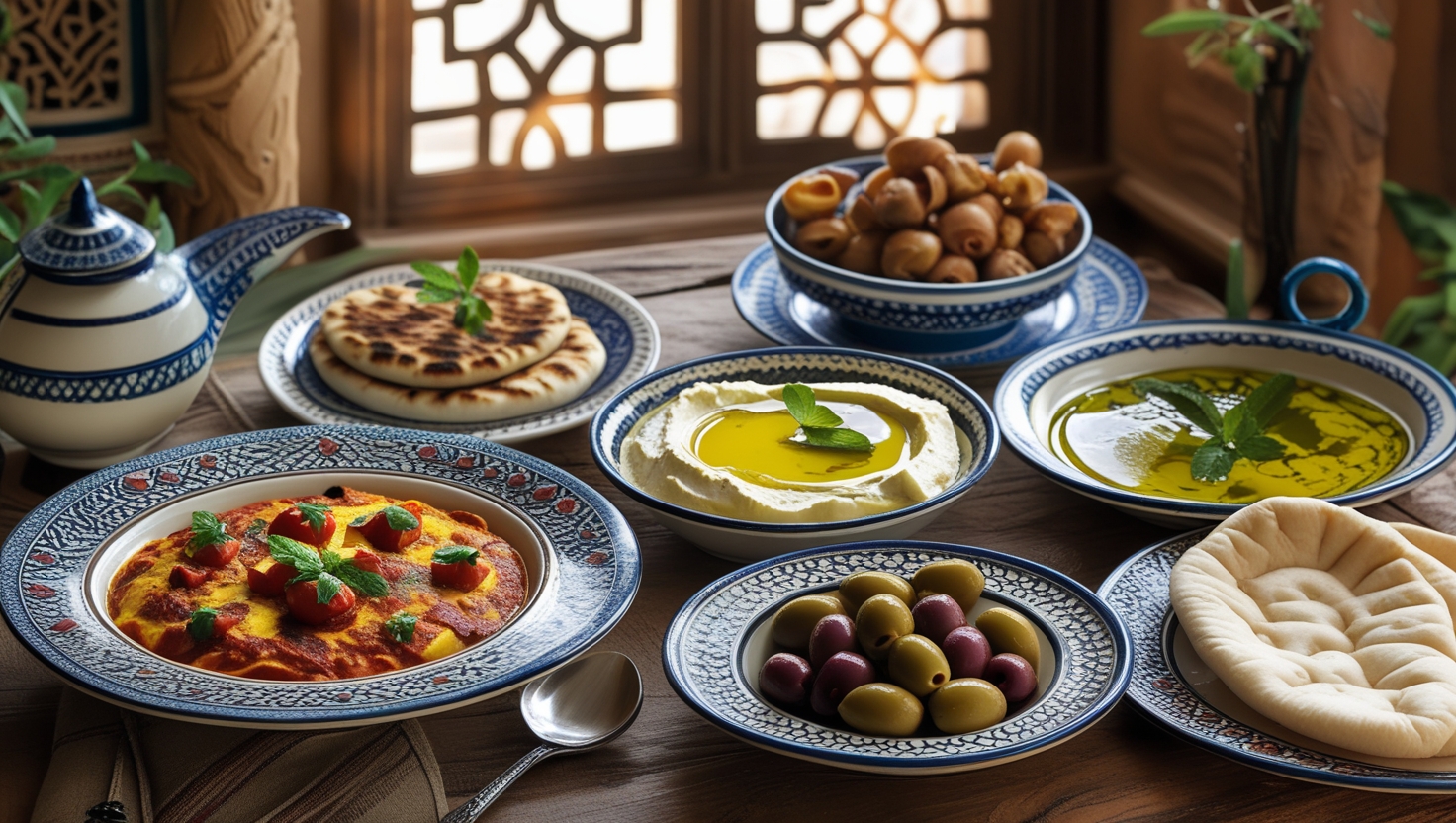Traditional Arabic breakfast spread with shakshuka, ful medames, and mint tea