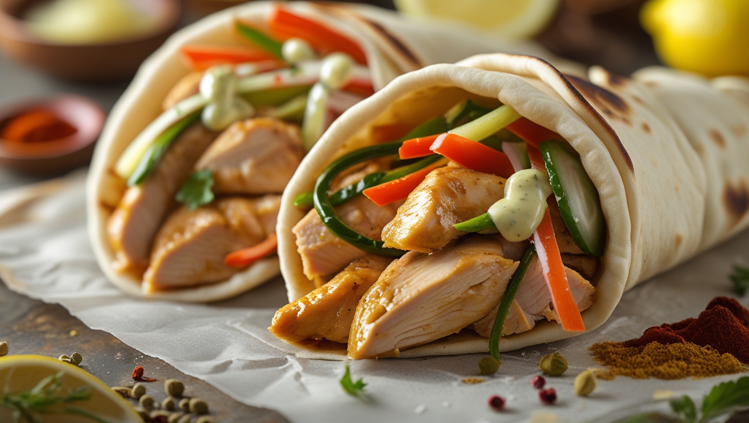 Authentic Chicken Shawarma Wrap with Vegetables and Garlic Sauce