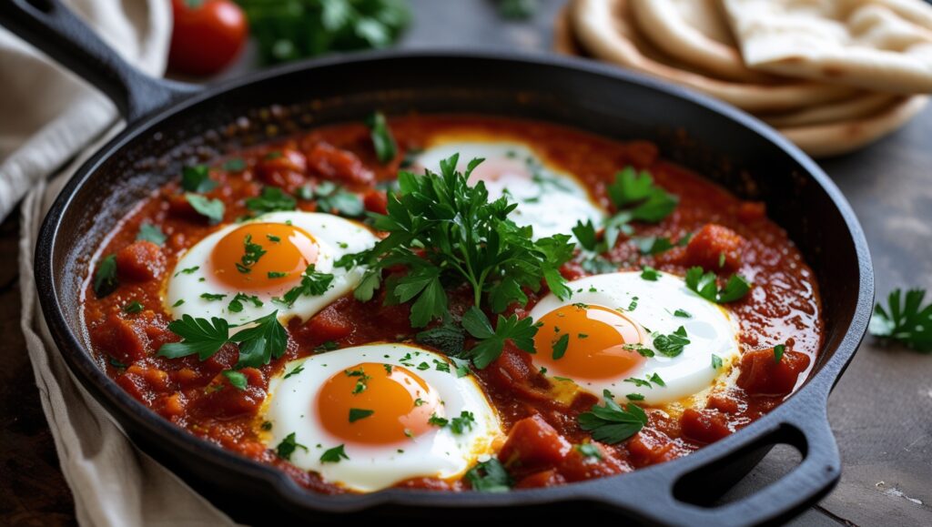 Traditional shakshuka with poached eggs in spiced tomato sauce