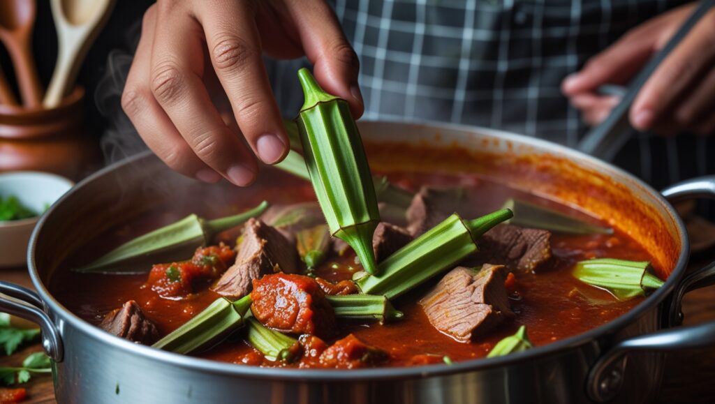 A chef adding fresh okra to a simmering pot of Bamia.