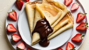 Elegant breakfast crepes with Nutella and strawberries served with coffee