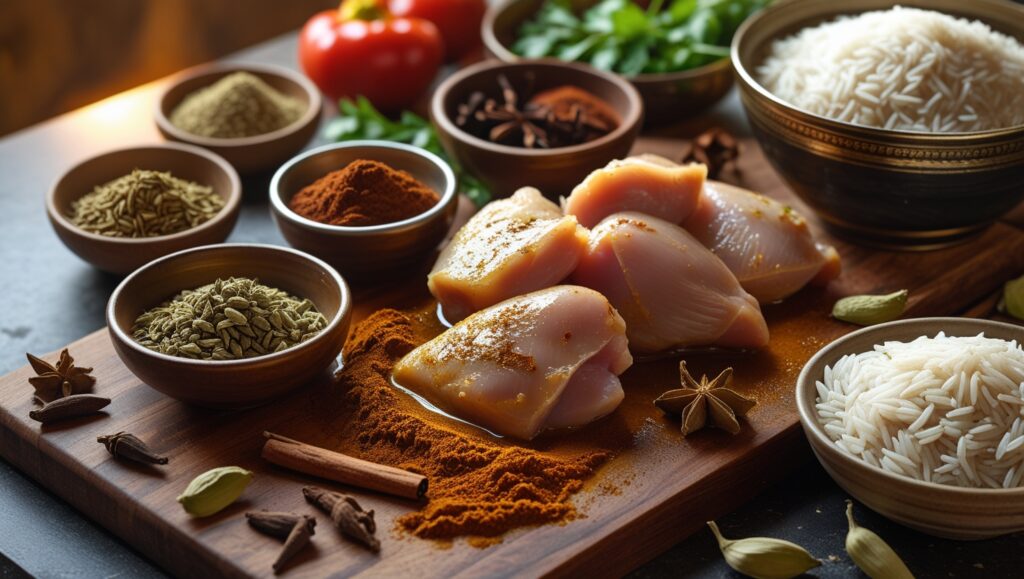 Ingredients for Chicken Mandi – Spices, Rice, and Marinated Chicken
