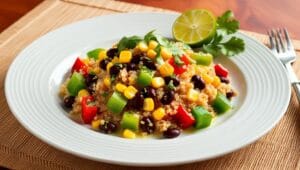 Quinoa and Black Bean Salad with fresh veggies and lime dressing.