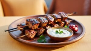 Grilled lamb kebabs with garlic yogurt sauce on a wooden platter