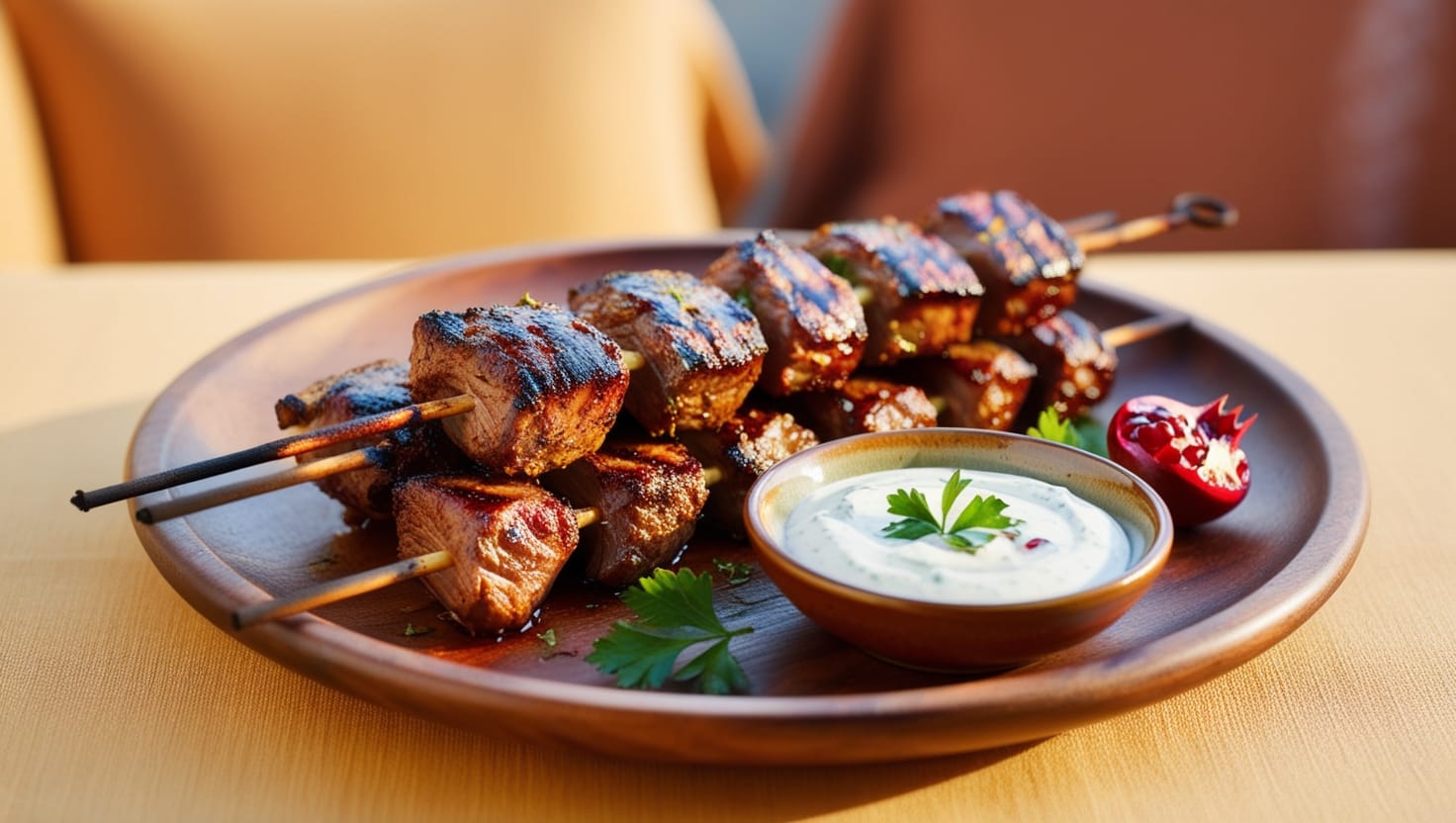 Grilled lamb kebabs with garlic yogurt sauce on a wooden platter