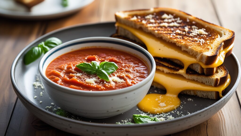 Tomato basil soup served with a grilled cheese sandwich