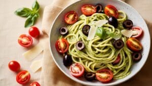 A bowl of pesto pasta salad with cherry tomatoes, mozzarella, and basil.