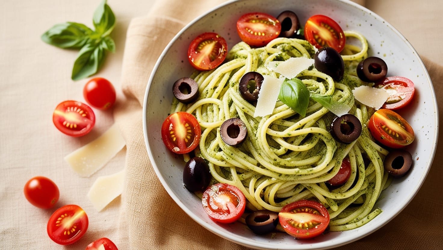 A bowl of pesto pasta salad with cherry tomatoes, mozzarella, and basil.