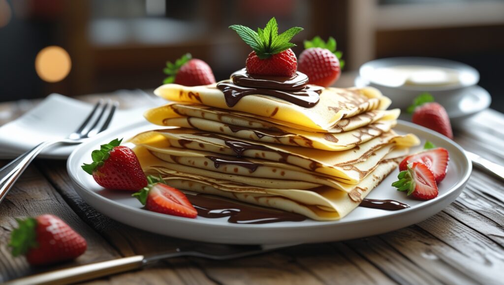 Beautifully plated crepes with Nutella and strawberries on a white plate