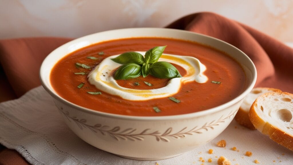 A bowl of creamy tomato basil soup garnished with fresh basil