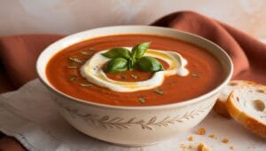 Savory Treat: Tomato Basil Soup garnished with fresh basil