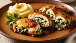 Spinach and Feta Stuffed Chicken Breast sliced open, showing creamy filling