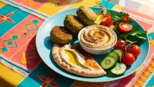 A plated hummus and falafel breakfast with pita, pickles, and tahini.