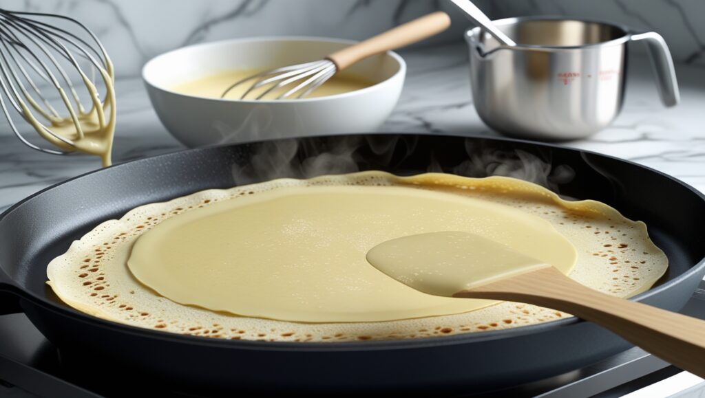 Cooking a golden-brown crepe in a non-stick pan.
