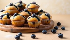 Freshly baked blueberry muffins on a wooden table.