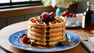 Stack of golden waffles with berries and syrup on a rustic table