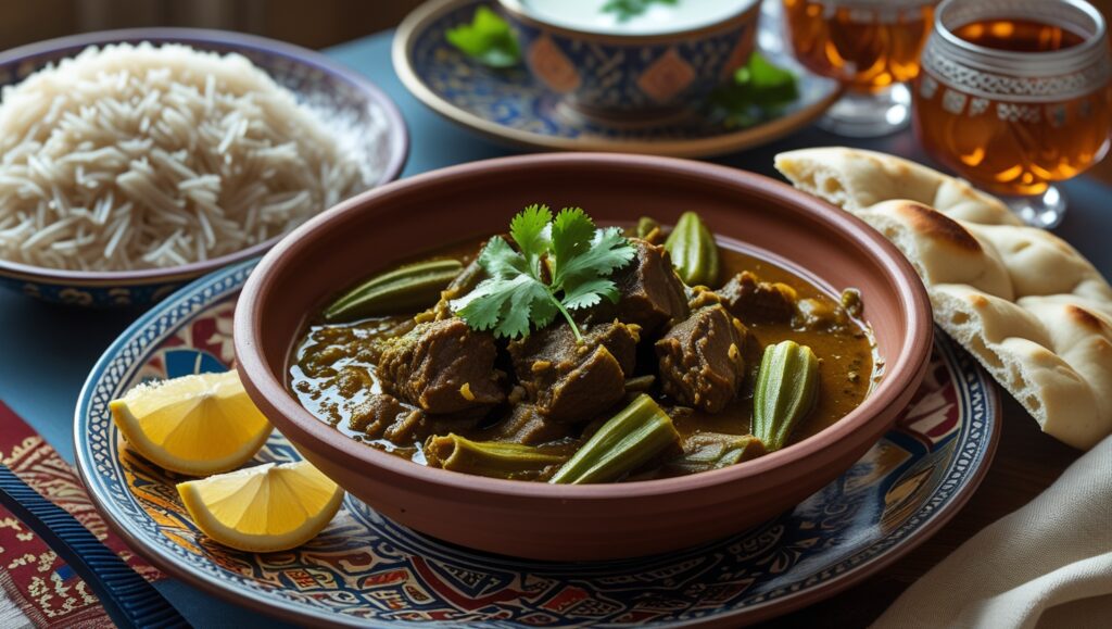 Arabic Lamb and Okra Stew served with rice and pita bread
