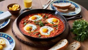 Traditional shakshuka in a cast-iron skillet with poached eggs.