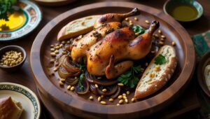 Traditional Chicken Musakhan with sumac and caramelized onions on a wooden platter