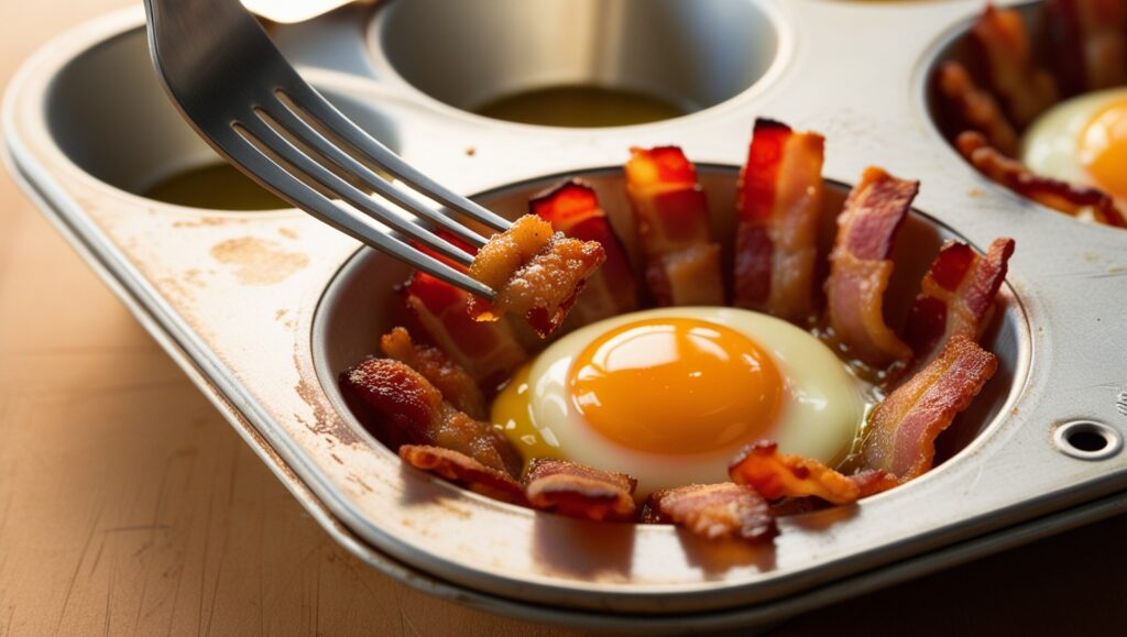 Bacon and egg breakfast cup being taken from muffin tin