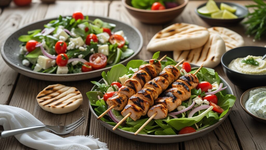 Greek salad paired with Mediterranean dishes like souvlaki and hummus.