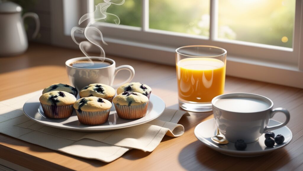 Blueberry muffins served with coffee and orange juice for breakfast
