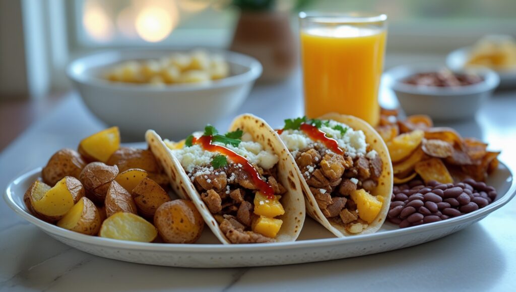 Breakfast tacos with side dishes on a wooden table