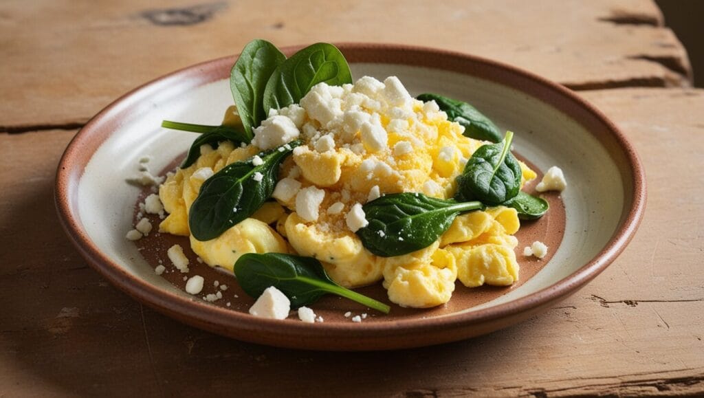 Scrambled eggs with spinach and feta served with toast and coffee