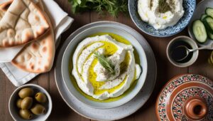 Traditional Middle Eastern breakfast with Labneh, olive oil, and pita bread.