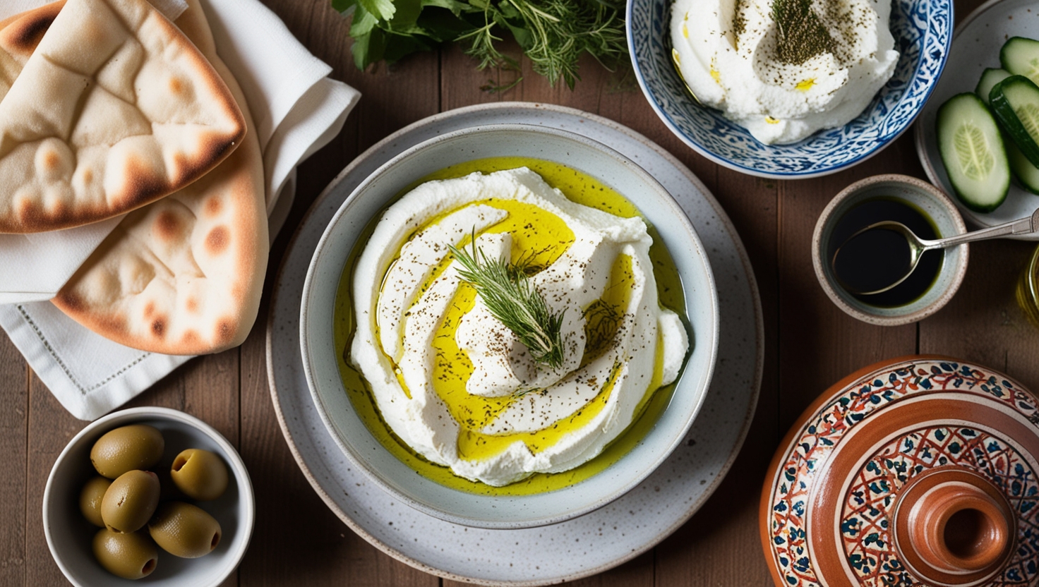 Traditional Middle Eastern breakfast with Labneh, olive oil, and pita bread.