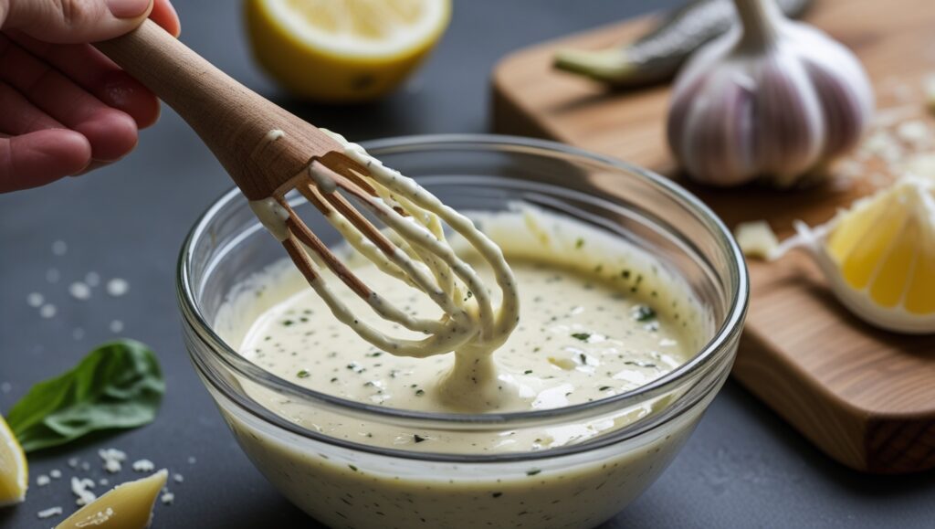 Homemade Caesar dressing being whisked in a bowl