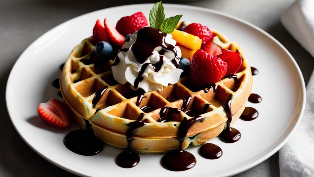 Waffle topped with fresh fruits, whipped cream, and chocolate sauce