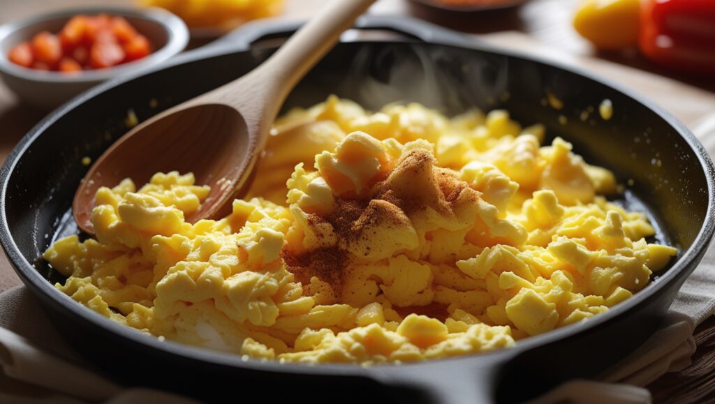 Scrambled eggs cooking in a cast-iron skillet