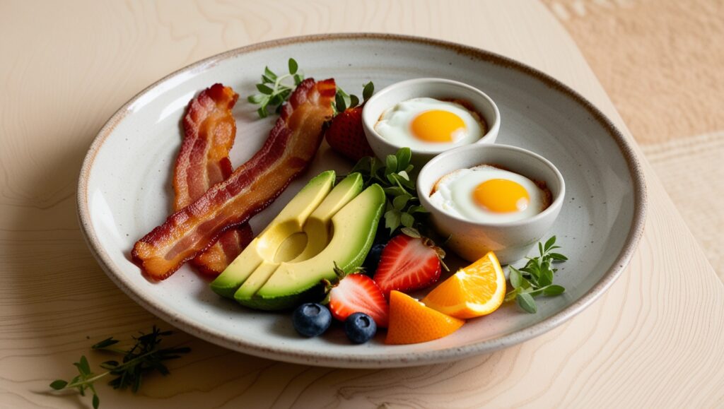Bacon and egg breakfast cups served with avocado and fruit