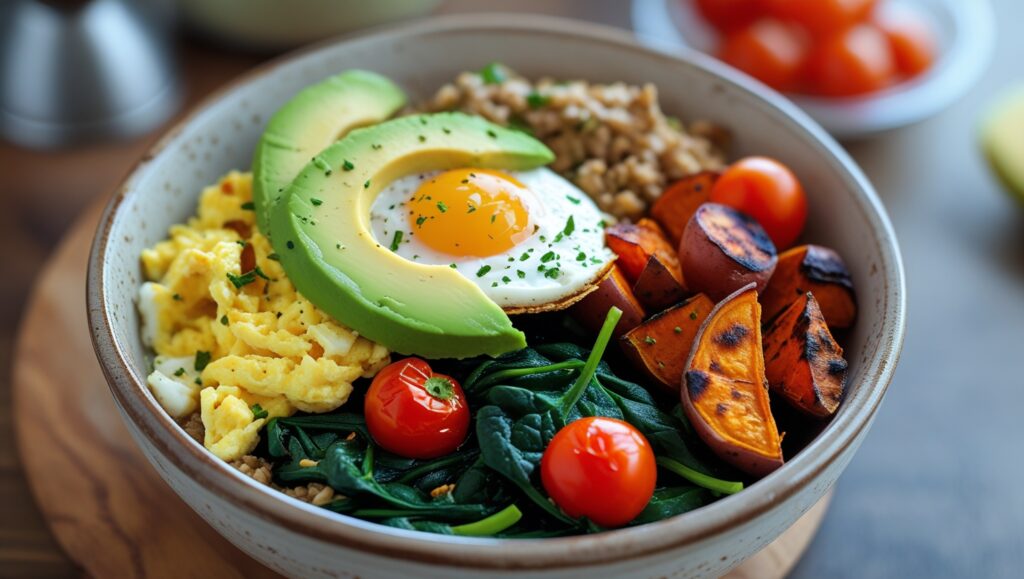 Savory protein breakfast bowl with eggs and vegetables