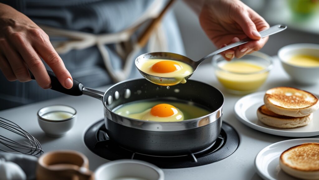 A perfectly poached egg being lifted from simmering water.