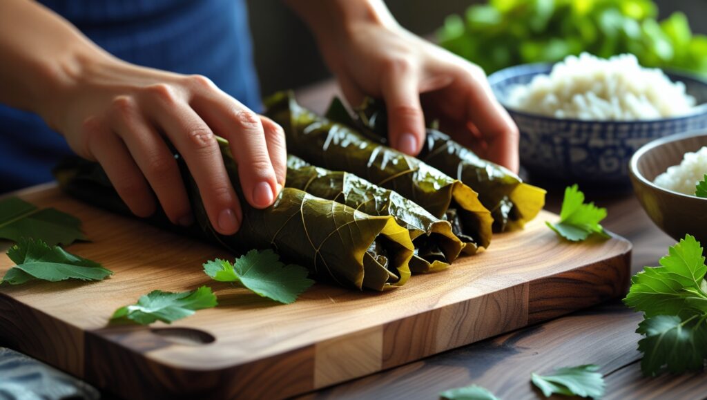 Rolling Stuffed Grape Leaves (Dolma) by hand