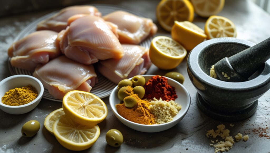 Ingredients for Moroccan Chicken Tagine including spices, chicken, and preserved lemons.