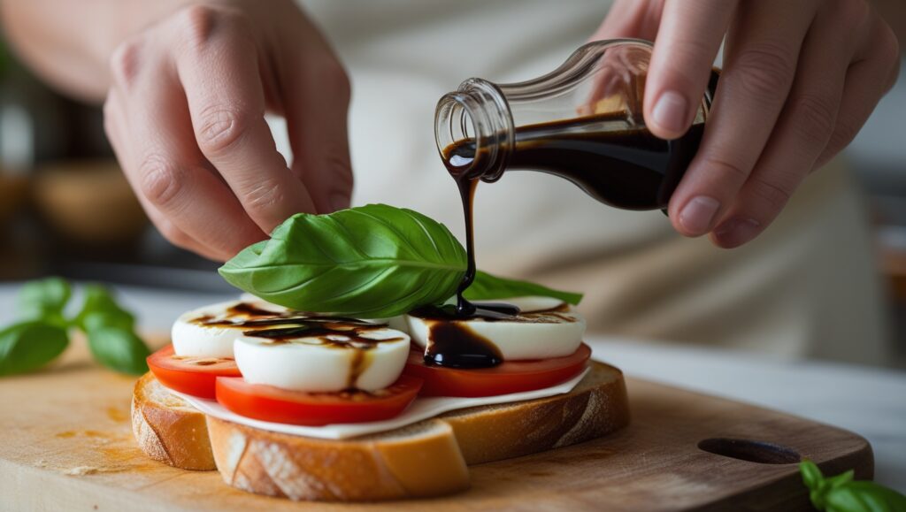 Hands assembling a Light and Fresh: Caprese Sandwich