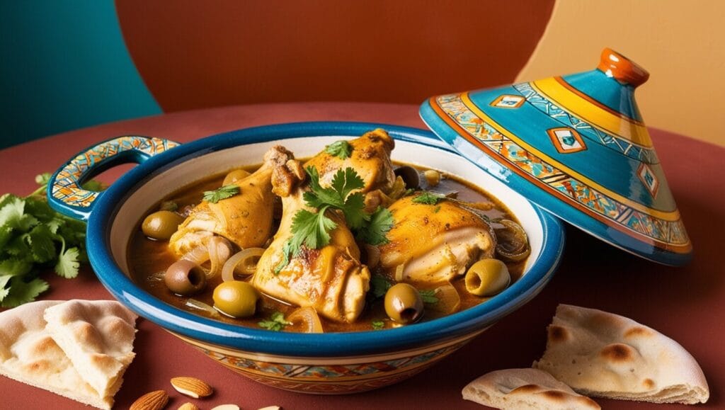 Moroccan Chicken Tagine in a traditional clay pot with olives and lemons.
