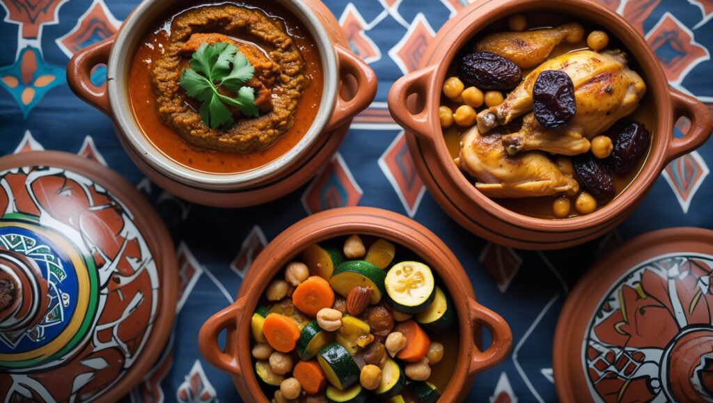 Different variations of Moroccan Chicken Tagine including harissa, sweet prune, and vegetable versions