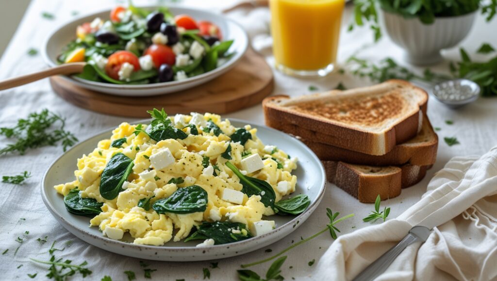 Scrambled eggs with spinach and feta served with toast and Greek salad