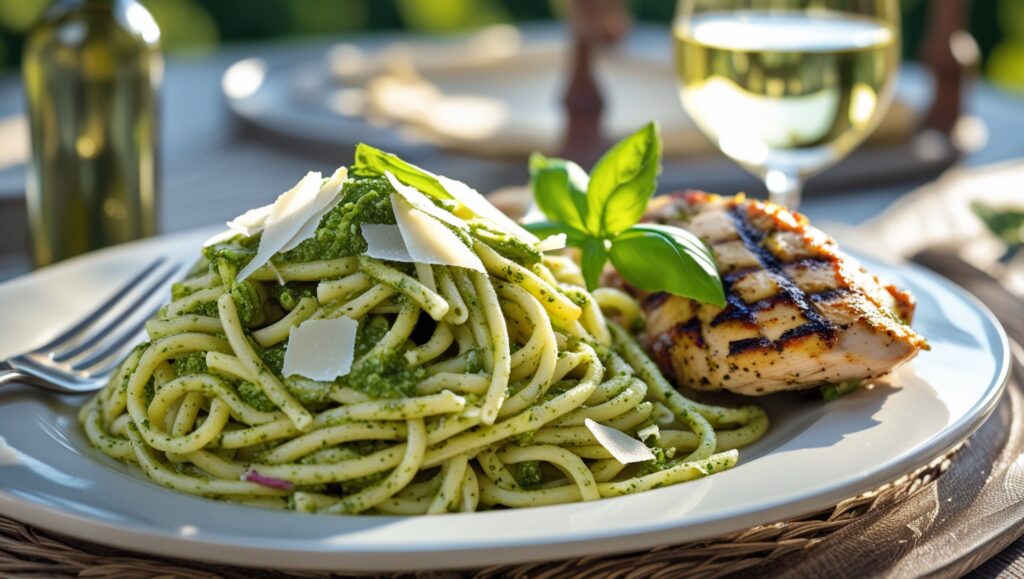 A plate of pesto pasta salad with grilled chicken and Parmesan