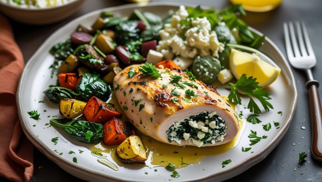 Spinach and Feta Stuffed Chicken Breast served with roasted veggies.