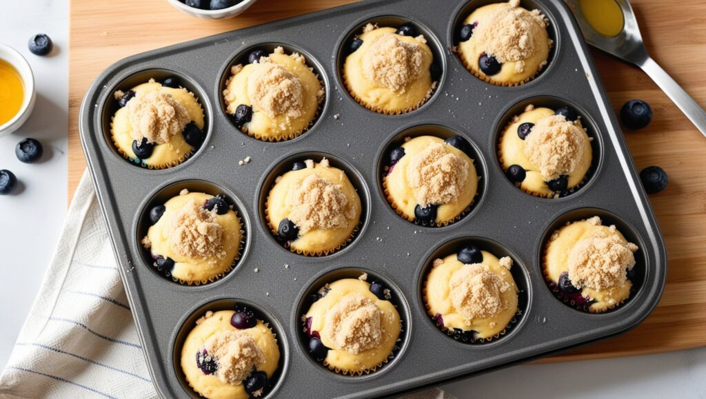 Blueberry muffin batter in a baking tray before going into the oven.