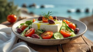 Authentic Greek salad with feta, olives, and fresh vegetables