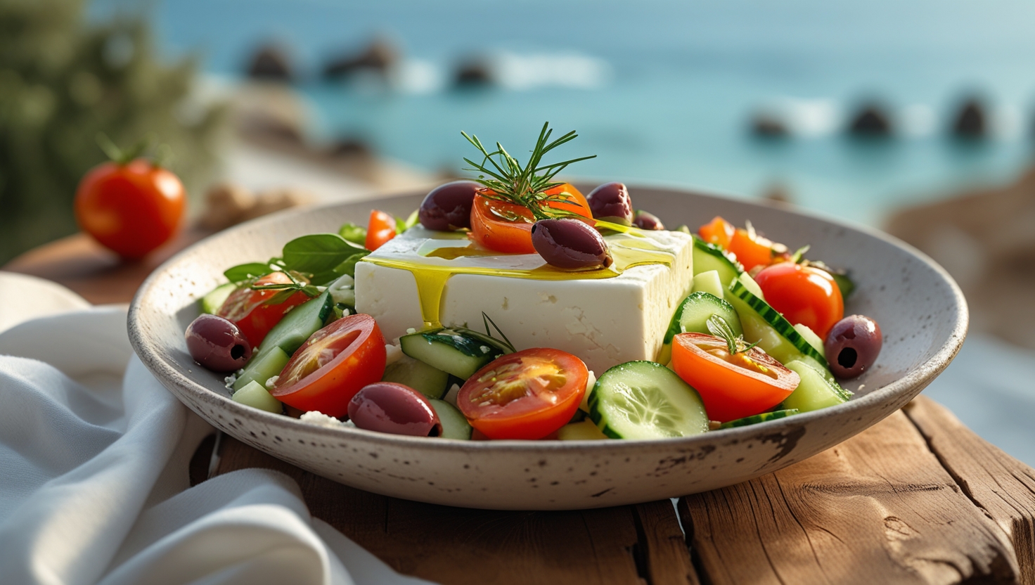 Authentic Greek salad with feta, olives, and fresh vegetables